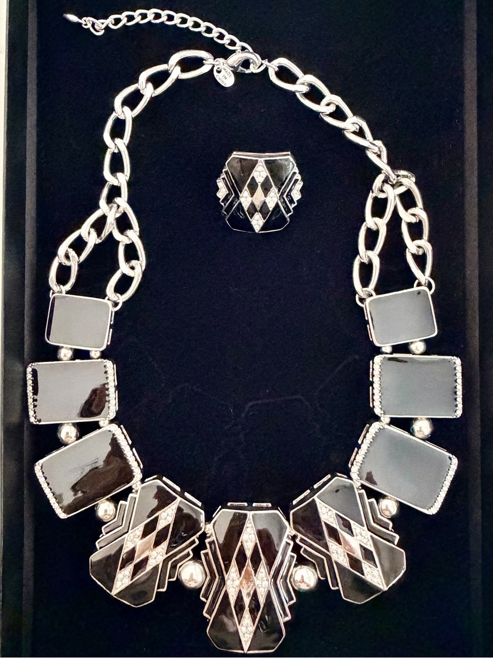 Statement Black and Silver Geometric Necklace and Ring Set